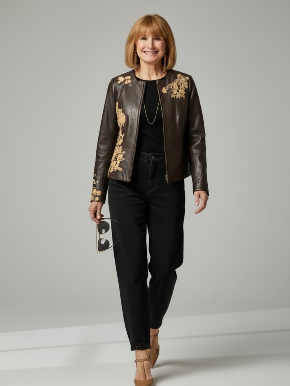 Ann Klein genuine brown leather Embroidered floral Jacket boho luxe p/m